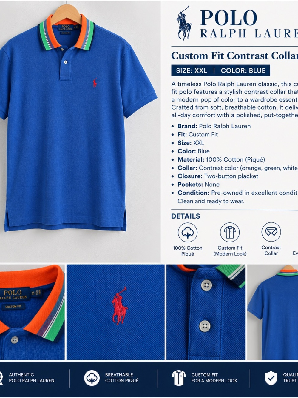 Polo by Ralph Lauren Blue Polo with Orange & Green Contrast Collar